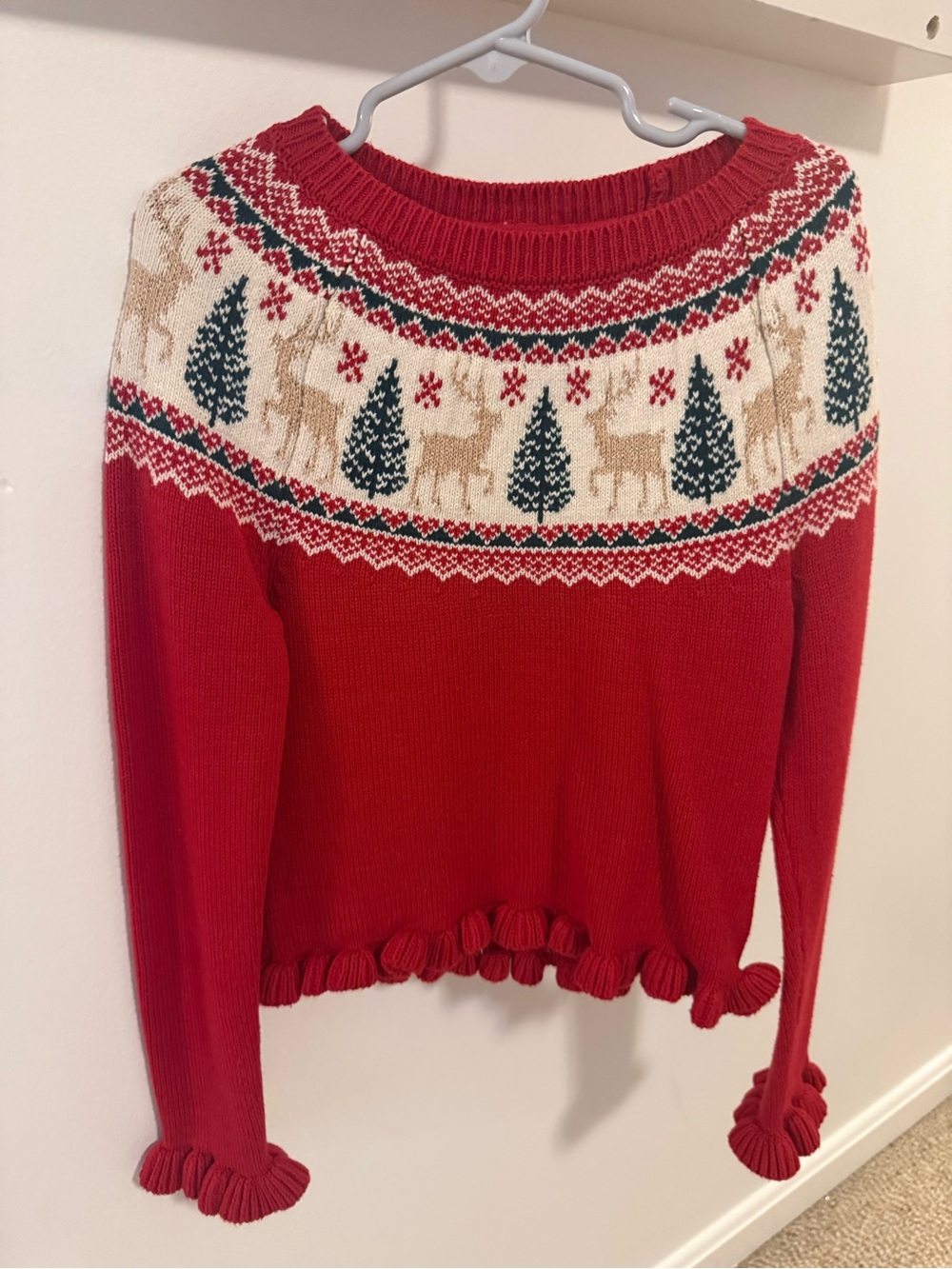 Tahari Red Fair Isle Reindeer Crewneck Sweater with Ruffle Hem